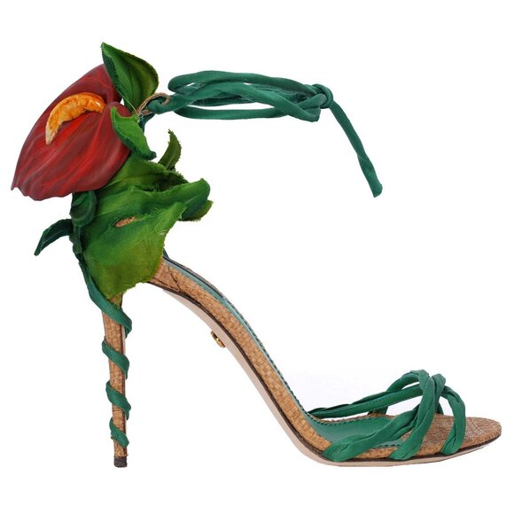Dolce & Gabbana - Flamingo Flower Silk Straps Sandals Pumps Heels KEIRA Green 40 - Picture 1 of 5